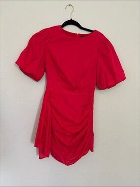 Bright Red Puff-Sleeve Ruched Mini Dress